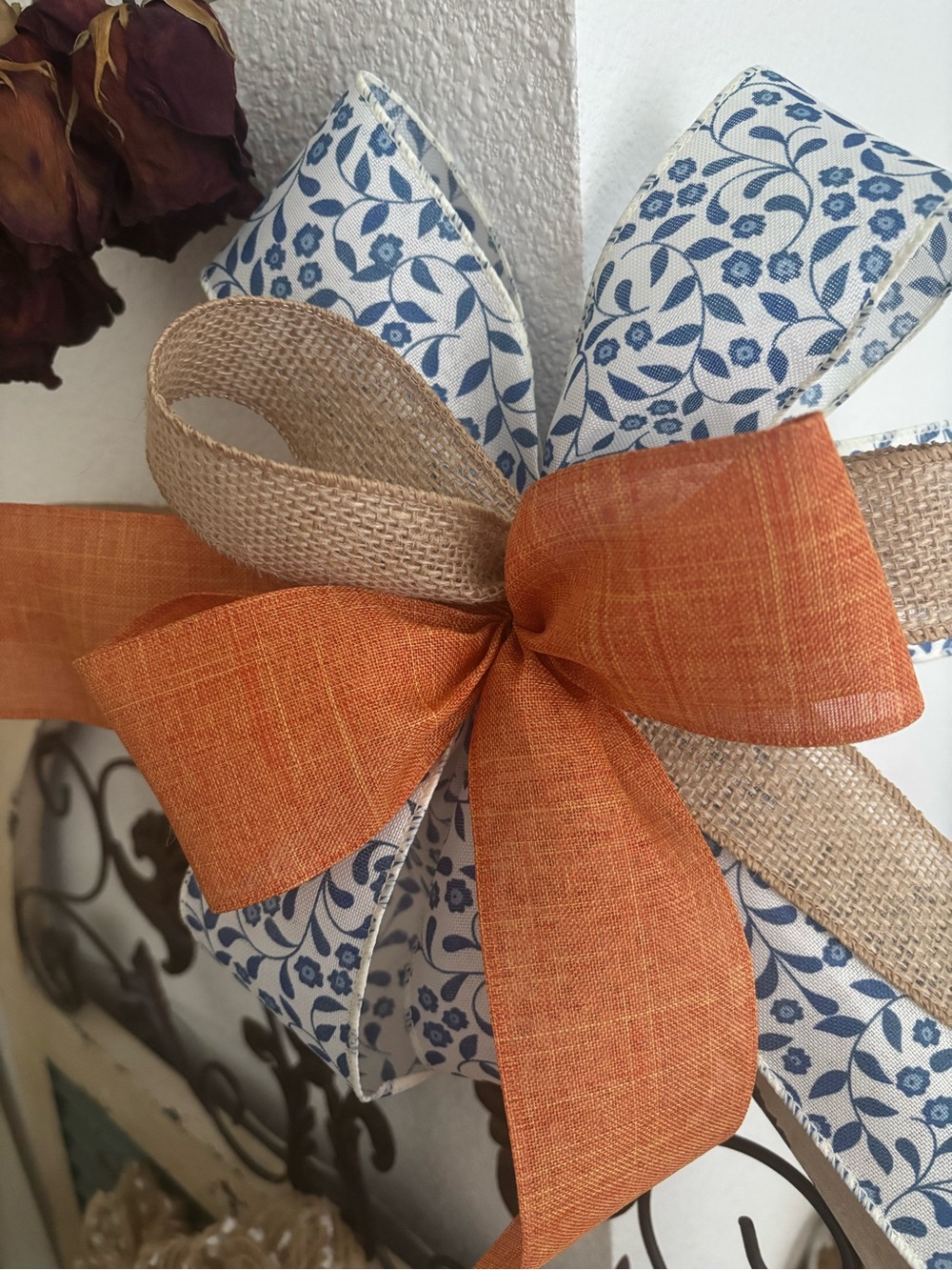 Fall Harvest Decorative Bow Blue Floral Rustic Orange Burlap Custom Final Sale
